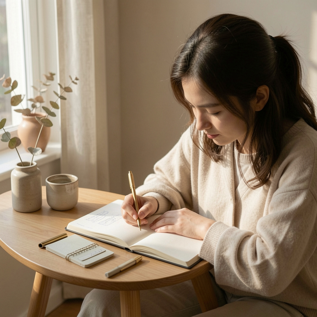 Person journaling and reflecting on daily patterns in a calm environment