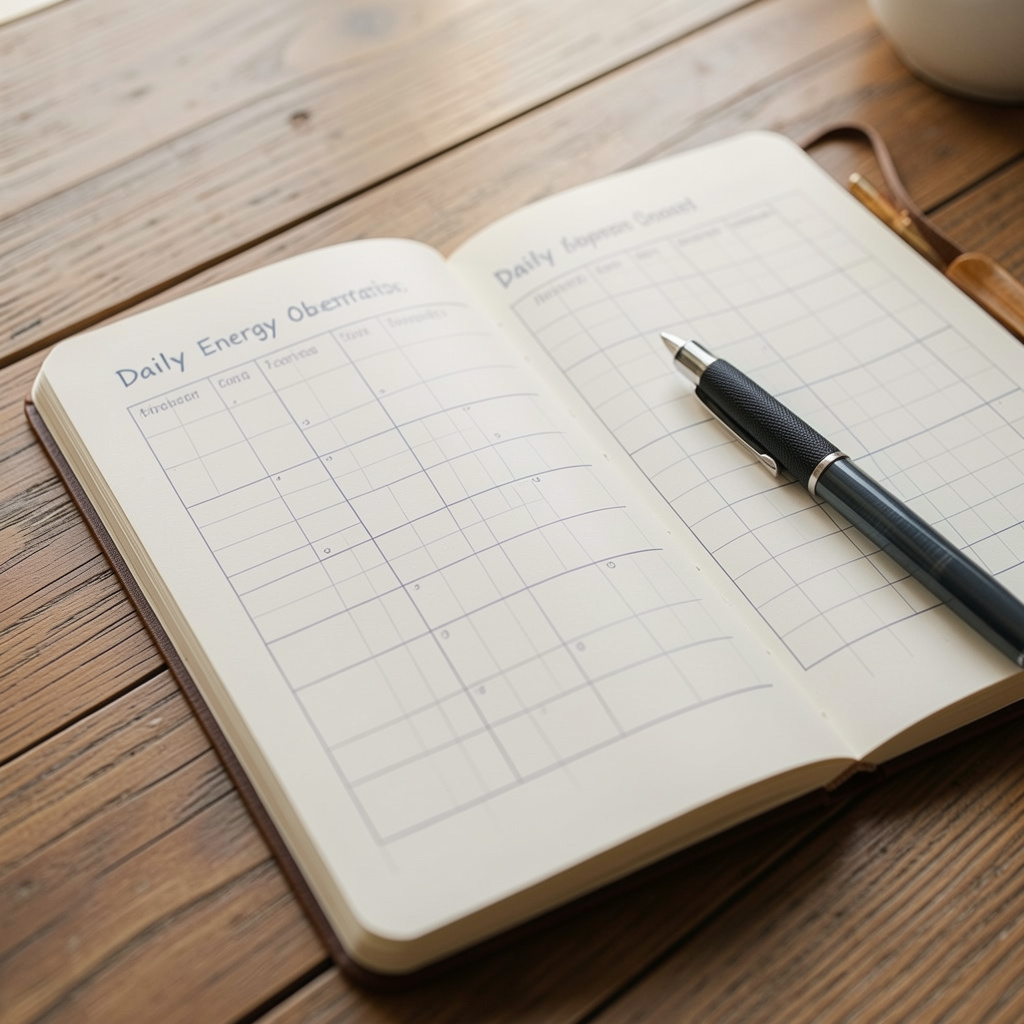 Notebook with pen for tracking daily energy observations